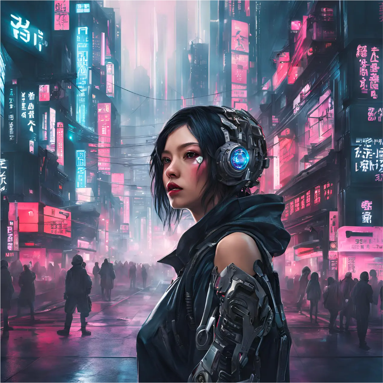 Image illustrant la catégorie coups de coeur des Rebelles avec le titre 'Science Fiction'. Illustration futuriste d'une jeune femme au look cybernétique, marchant dans une ruelle urbaine éclairée par des néons vibrants. La femme, aux cheveux noirs courts, porte un casque technologique avec des lumières bleues éclatantes et un bras bionique sophistiqué, montrant des composants mécaniques complexes. Son expression est déterminée, avec des marques de maquillage futuristes sous les yeux.  L'arrière-plan dévoile une mégapole dense et animée, avec des gratte-ciels aux enseignes lumineuses en caractères asiatiques. Les couleurs dominantes sont des nuances de rose, bleu et violet, créant une atmosphère nocturne saturée et high-tech. Des hologrammes et des panneaux publicitaires projetés sur les bâtiments ajoutent à l'immersion futuriste. La rue est encombrée de silhouettes humaines, certaines portant des vêtements modernes, d'autres avec des améliorations cybernétiques, marchant à travers la brume épaisse éclairée par les lumières des néons.  Des câbles et des passerelles suspendus au-dessus des rues ajoutent à la complexité de l'environnement urbain. L'atmosphère générale évoque un futur dystopique, où la technologie avancée se mêle à la vie quotidienne, et où les personnages naviguent dans un monde de haute technologie et de mystère urbain.