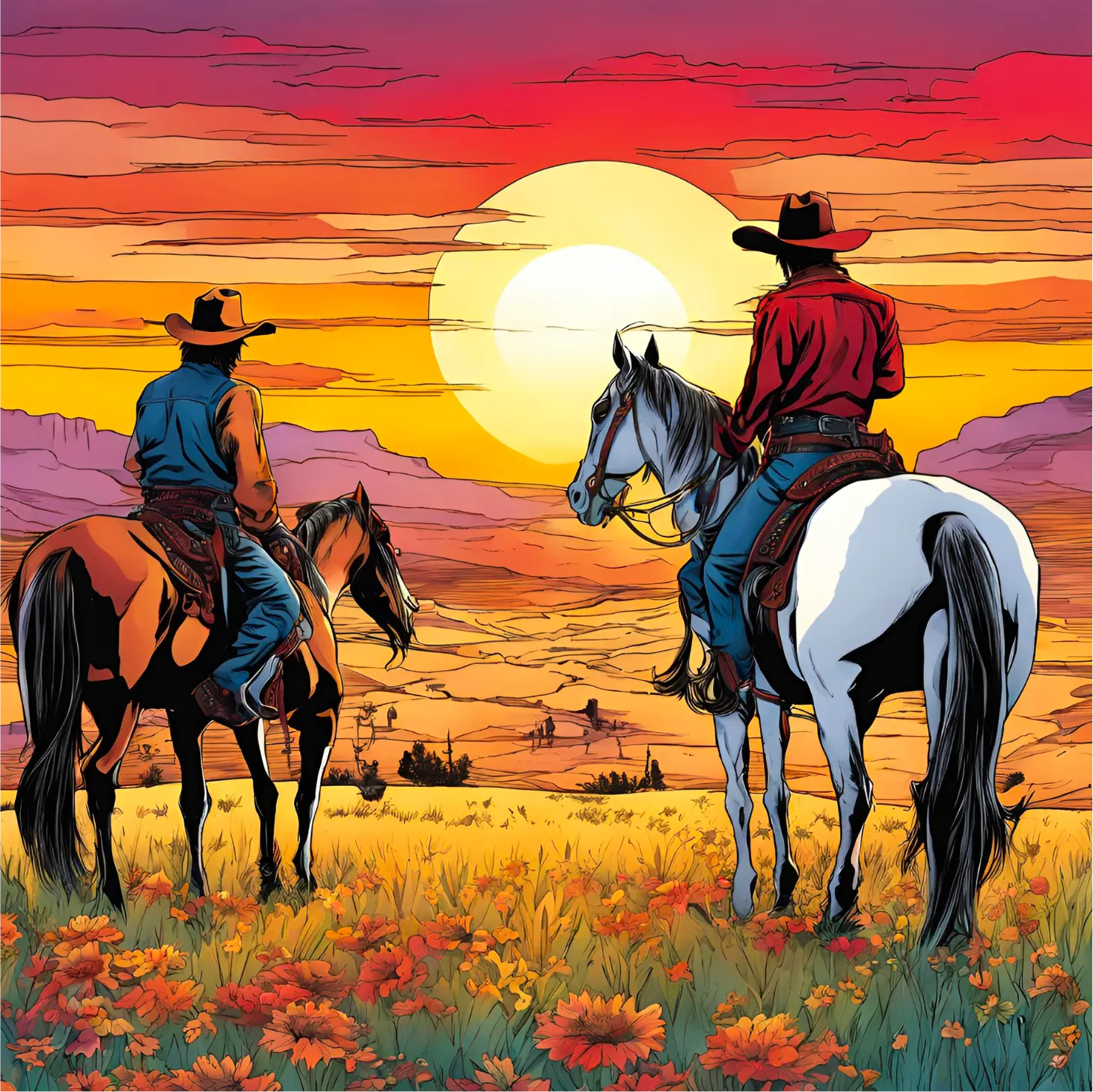 Image illustrant la catégorie coups de coeur des Rebelles avec le titre 'Nature Writing'. Illustration de deux cavaliers, vêtus de tenues de cow-boy traditionnelles avec des chapeaux, des chemises à manches longues et des jeans, chevauchant dans un paysage de prairie au coucher du soleil. Le cavalier de gauche porte une chemise bleue et monte un cheval marron, tandis que celui de droite porte une chemise rouge et monte un cheval blanc avec une crinière noire. Le soleil brillant et doré se couche derrière des montagnes majestueuses, peignant le ciel de nuances de rouge, orange, jaune et violet. Les cavaliers se trouvent au milieu d'un champ de fleurs sauvages colorées, principalement rouges et jaunes, qui s'étendent à perte de vue. Des ombres longues sont projetées sur le sol, ajoutant de la profondeur à la scène. L'arrière-plan montre des formations rocheuses et des arbres dispersés, renforçant le sentiment d'immensité et de beauté naturelle. L'image évoque un sentiment de liberté, de connexion à la nature, et de contemplation sereine dans un cadre sauvage et magnifique.