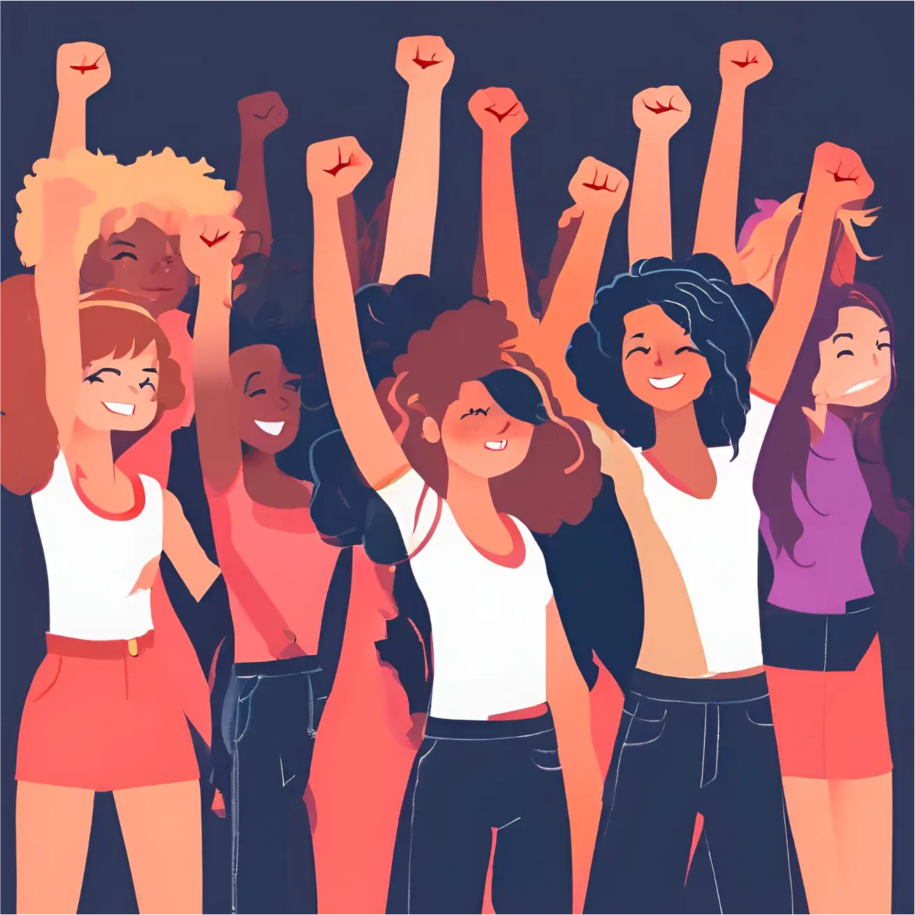 Image illustrant la catégorie coups de coeur des Rebelles avec le titre 'Féminisme'. Illustration vibrante et colorée d'un groupe de huit femmes diverses levant le poing en signe de solidarité, de force et de détermination. Les femmes représentent différentes origines ethniques et ont des coiffures variées, notamment des cheveux bouclés, raides et afro. Elles affichent toutes des expressions de joie, de confiance et de camaraderie, souriant largement.  Elles portent des vêtements décontractés et colorés, avec une palette de couleurs chaudes comprenant des hauts blancs, des t-shirts roses et violets, et des pantalons et jupes en rouge, rose et bleu. Cette diversité vestimentaire ajoute une dimension dynamique et énergique à l'image.  Le fond de l'image est sombre, ce qui permet de mettre en valeur les silhouettes des femmes et leurs gestes puissants. L'arrière-plan est dépourvu de détails, ce qui centre l'attention sur les femmes et leurs expressions de solidarité et d'unité. Les poings levés symbolisent la lutte pour l'égalité des genres, la résilience et la détermination à faire entendre leurs voix.  L'utilisation de couleurs vives et contrastées accentue le message de force et de positivité, évoquant des thèmes de lutte pour l'égalité des genres, de solidarité féminine, et de célébration de la diversité au sein du mouvement féministe. L'image transmet un puissant message de camaraderie et de soutien mutuel au sein de la communauté féministe.