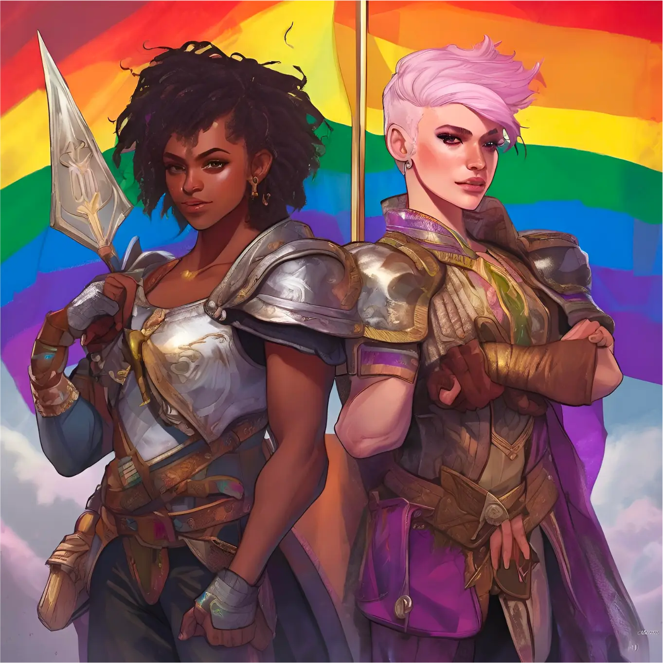 Image illustrant la catégorie coups de coeur des Rebelles avec le titre 'Pride LGBTQIA+'. Illustration de deux guerrières fières et déterminées, posant devant un drapeau arc-en-ciel symbolisant la fierté LGBTQIA+. La guerrière de gauche, aux cheveux noirs bouclés, porte une armure argentée ornée de motifs dorés et tient une lance décorative. Elle affiche une expression confiante et assurée. La guerrière de droite, aux cheveux roses coupés court, porte également une armure argentée avec des détails dorés et violets, et croise les bras avec une expression de détermination.  Le drapeau arc-en-ciel en arrière-plan est vibrant et coloré, s'étendant sur toute la largeur de l'image et créant un contexte de fierté et d'unité. Les détails des armures, avec des textures métalliques réalistes et des décorations élaborées, ajoutent une dimension de grandeur et de force. Les deux personnages se tiennent côte à côte, représentant la solidarité et le soutien au sein de la communauté LGBTQIA+.  L'image évoque des thèmes de courage, de fierté, et d'inclusivité, mettant en avant la beauté et la diversité des identités de genre et des orientations sexuelles.