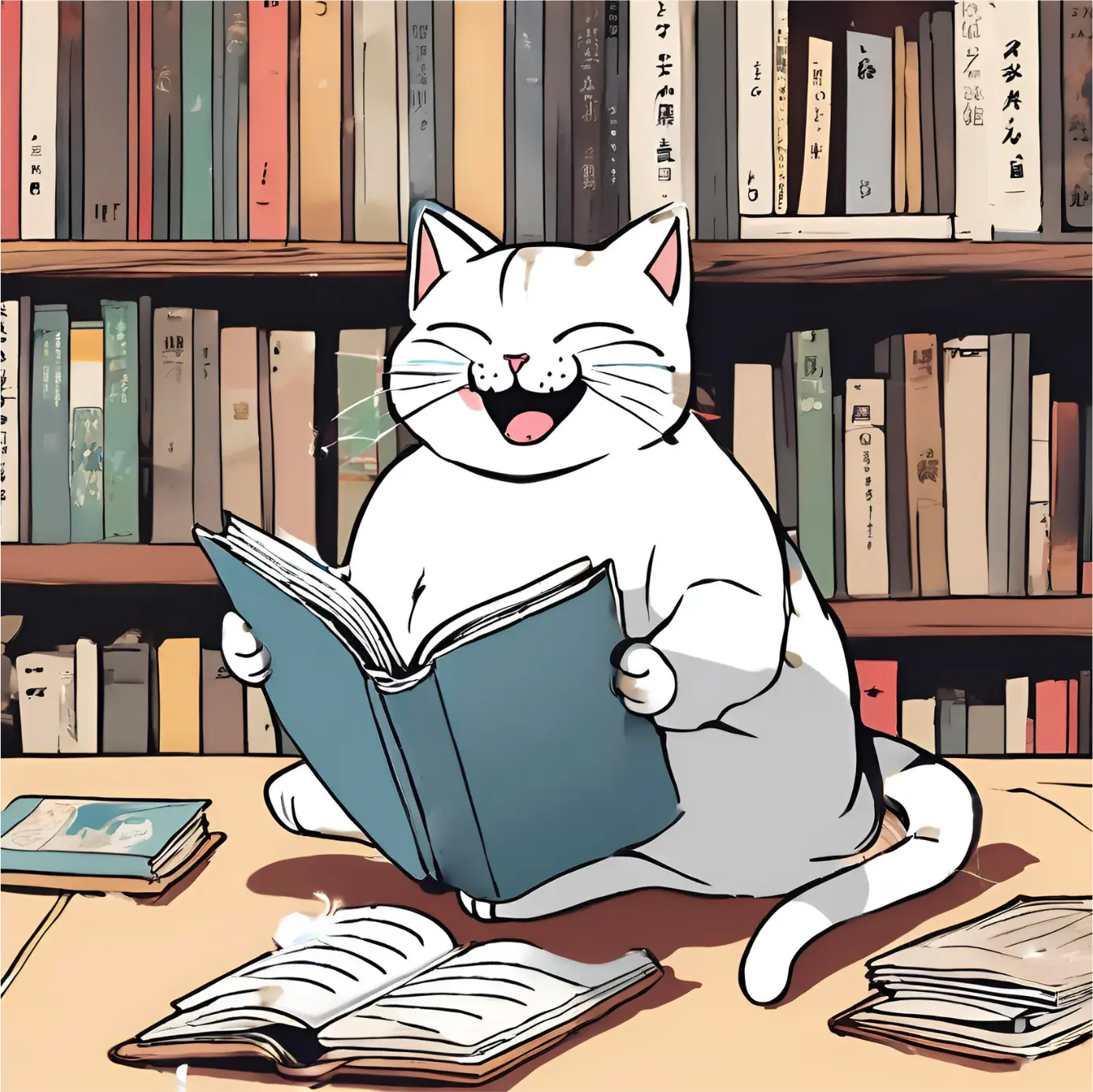 Image illustrant la catégorie coups de coeur des Rebelles dans le domaine de la littérature avec le titre 'Les livres qui font du bien'. Illustration d'un chat blanc souriant, assis sur une table devant une étagère remplie de livres. Le chat tient un livre bleu ouvert entre ses pattes et semble en pleine lecture. Des livres ouverts et fermés sont dispersés sur la table, créant une ambiance de bibliothèque chaleureuse et invitante. Les livres sur l'étagère derrière le chat sont de différentes tailles et couleurs, ajoutant à l'atmosphère studieuse et apaisante. L'image évoque le plaisir de la lecture et la compagnie réconfortante des animaux.