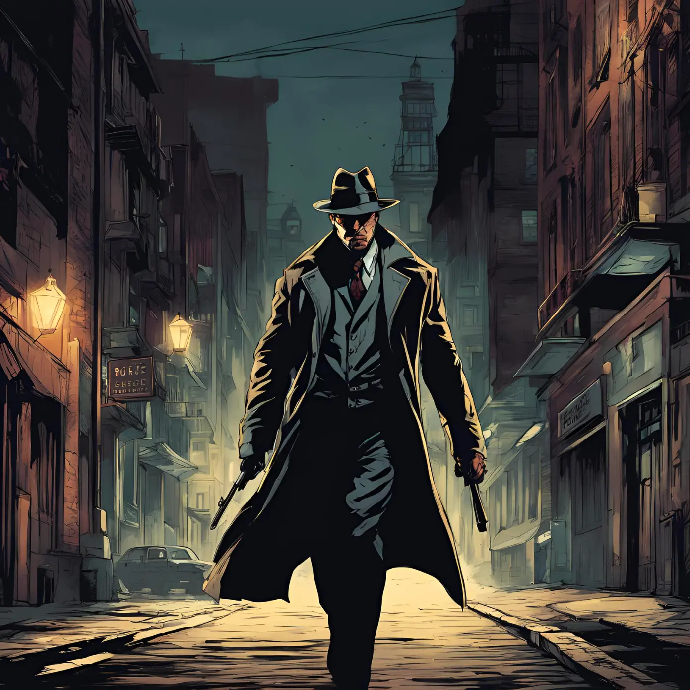 Image illustrant la catégorie coups de coeur des Rebelles avec le titre 'Polar'. Illustration d'un détective privé en trench-coat gris et chapeau fedora noir, marchant résolument au centre d'une ruelle sombre et étroite. La scène est plongée dans une ambiance nocturne mystérieuse, éclairée par des réverbères jaunâtres aux lueurs tamisées. Le détective tient une arme à feu dans chaque main, suggérant une situation de danger imminent. Autour de lui, les bâtiments en briques rouges, délabrés et étroits, témoignent d'un quartier urbain ancien. Des enseignes de magasins et des panneaux indiquent une époque des années 1940, ajoutant à l'authenticité de l'environnement. Une voiture vintage est garée en arrière-plan, renforçant le cadre temporel de l'image. Le ciel est obscurci par des nuages, avec des câbles électriques suspendus entre les bâtiments, créant des ombres profondes et des contrastes saisissants. L'image évoque l'univers intense et énigmatique du roman noir, plein de suspense, de danger et de personnages complexes plongés dans des intrigues sombres.