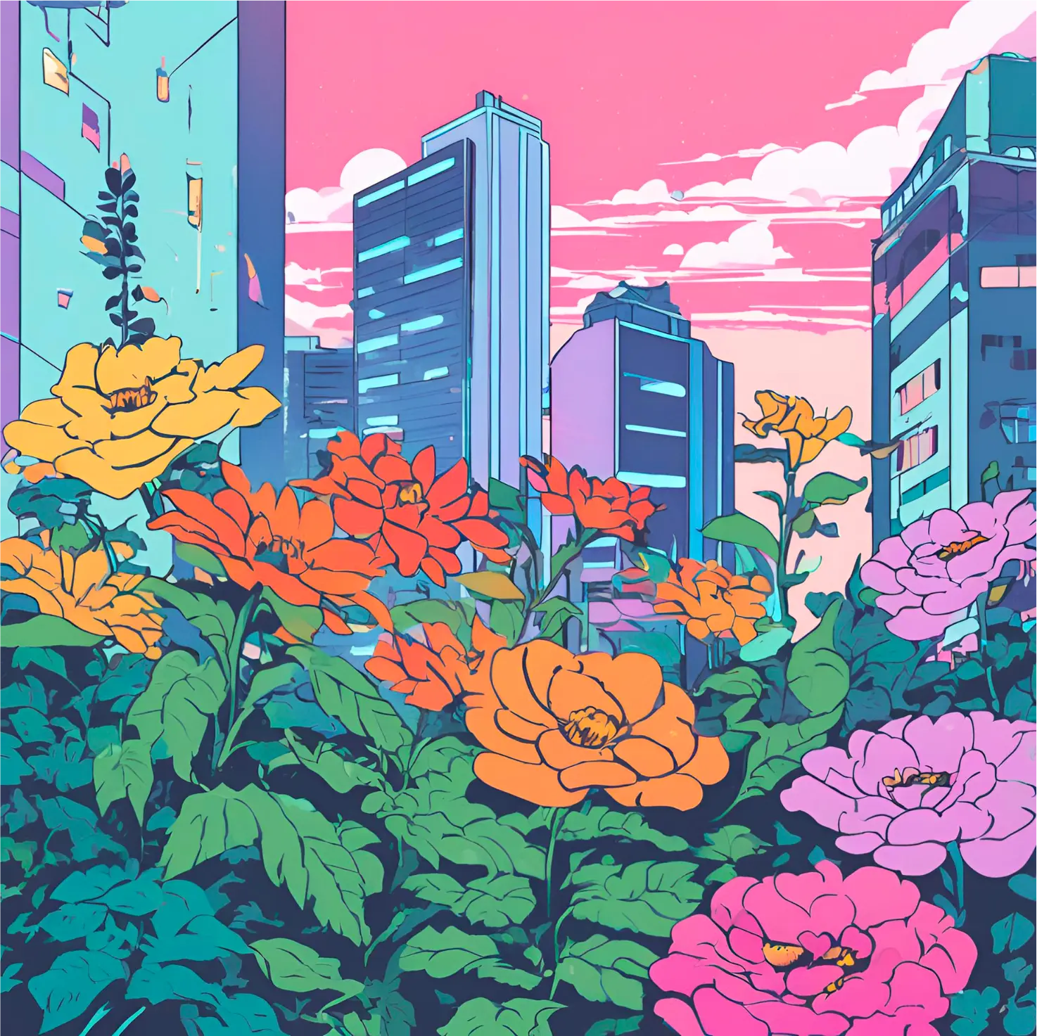 Image illustrant la catégorie coups de coeur des Rebelles avec le titre 'Poésie'. Illustration vibrante de fleurs multicolores en pleine floraison au premier plan, avec des bâtiments modernes et des gratte-ciels en arrière-plan. Le ciel rose et bleu, parsemé de nuages blancs, crée une atmosphère de coucher de soleil serein. Les fleurs, dans des teintes de jaune, orange, rouge et rose, contrastent magnifiquement avec les structures urbaines, symbolisant la beauté de la nature au milieu de la vie urbaine. L'image évoque un sentiment de tranquillité, de beauté et d'harmonie poétique entre la nature et la ville.