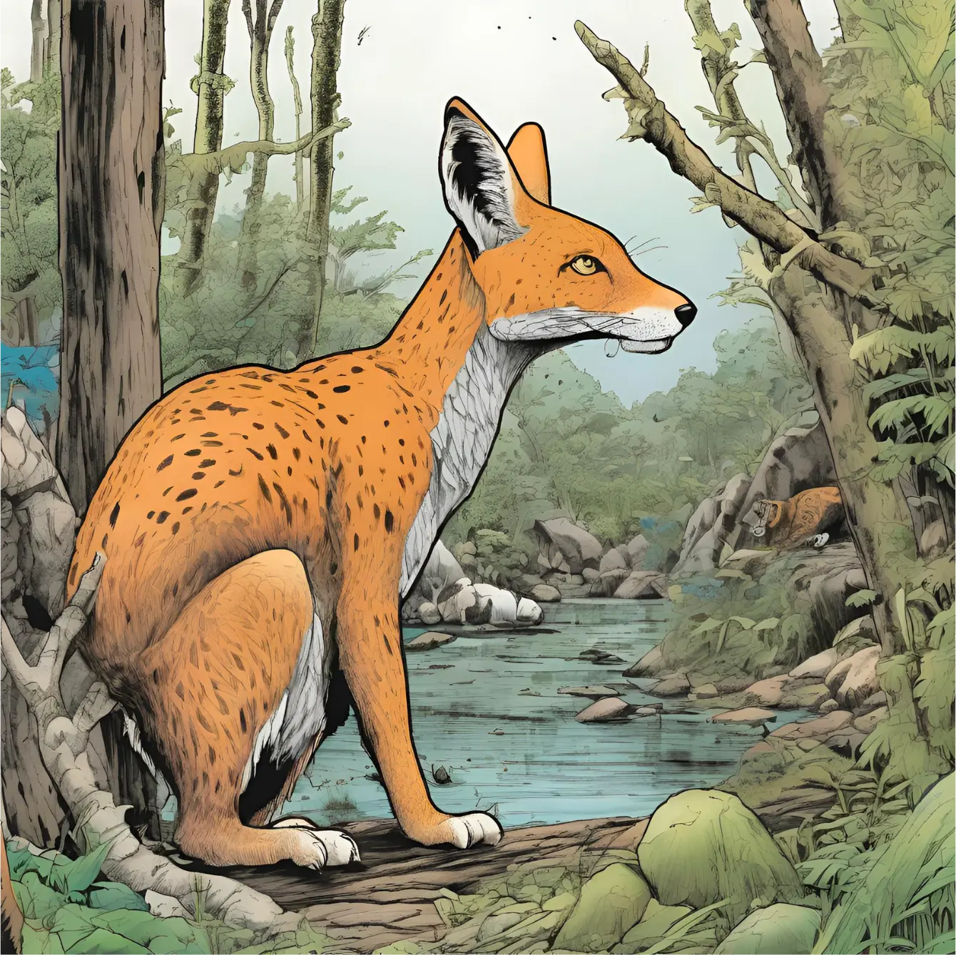 Image illustrant la catégorie coups de coeur des Rebelles avec le titre 'Écologie'. Illustration détaillée d'un renard roux assis au bord d'un ruisseau dans une forêt luxuriante. Le renard, au pelage roux tacheté de noir et au ventre blanc, est attentif, ses yeux jaunes fixés sur quelque chose hors champ. Ses oreilles sont pointées et dressées, montrant sa vigilance. À l'arrière-plan, un autre renard est visible près de l'eau, buvant dans le ruisseau entouré de pierres et de végétation.  La scène se déroule dans une forêt dense avec une végétation variée : des arbres hauts et robustes, des fougères, et des buissons verdoyants. Les troncs d'arbres sont couverts de mousse, et des branches cassées jonchent le sol, ajoutant au réalisme de l'environnement naturel. Le ruisseau limpide reflète les couleurs de la forêt, créant une atmosphère sereine et paisible. Le ciel est légèrement couvert, laissant filtrer une lumière douce qui illumine délicatement la scène.  L'image évoque un sentiment de calme et de connexion profonde avec la nature, illustrant parfaitement le thème de l'écologie et l'importance de la préservation de l'habitat naturel des animaux. La présence des renards souligne la biodiversité et la beauté des écosystèmes sauvages.