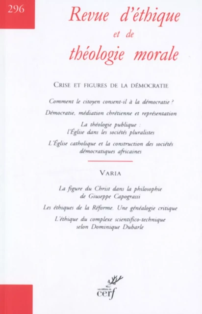 REVUE D'ETHIQUE ET DE THEOLOGIE MORALE NUMERO 296 -  Collectif - CERF