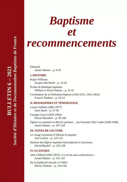 Baptisme et recommencements Bulletin 6 - 2021 - Jacques Buchhold, Francis Thobois, Anne Ruolt - DOC BAPTISME