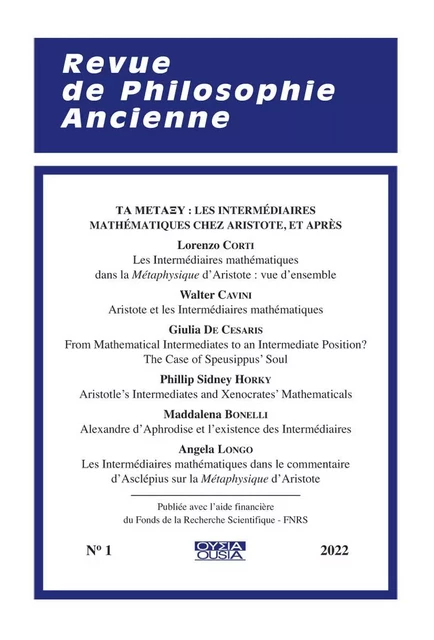 Les intermédiaires mathématiques dans la Métaphysique d'Aristote -  - Ousia Éditions