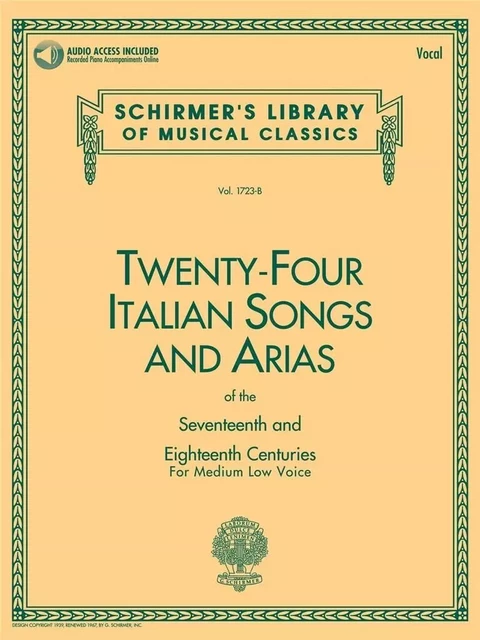 24 ITALIAN SONGS & ARIAS - MEDIUM LOW VOICE - RECUEIL + ENREGISTREMENT(S) EN LIGNE -  DIVERS AUTEURS - SCHIRMER