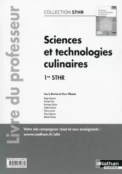 Sciences et technologies culinaires 1ère (STHR) - professeur - 2016 -  Collectif - Nathan