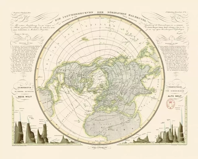 Carte – Lignes isothermes - Géographie nostalgique - Heinrich BERGHAUS - RELIEFS