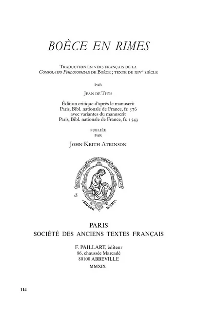 BOÈCE EN RIMES -  JEAN DE THYS - ANCIENS TEXTES