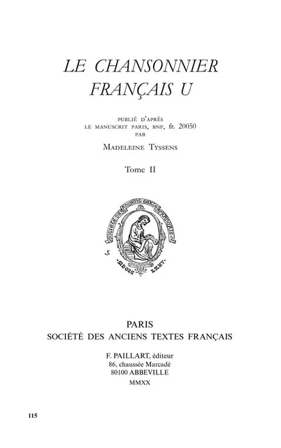 LE CHANSONNIER FRANCAIS U, TOME 2 ET DERNIER -  - ANCIENS TEXTES