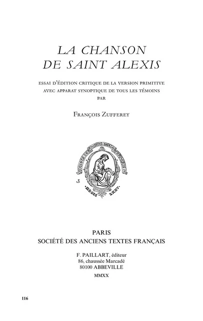 LA CHANSON DE SAINT ALEXIS -  - ANCIENS TEXTES