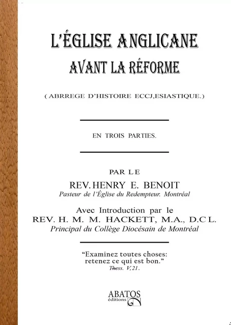 L'église Anglicane avant la Reforme -  Rev. Henry E. BENOIT - ABATOS