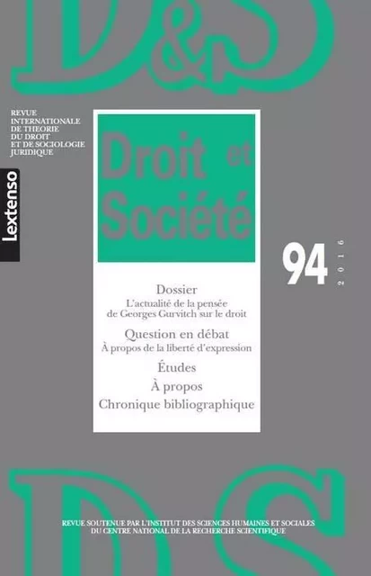 REVUE DROIT ET SOCIETE N 94 - 2016 -  Collectif - LGDJ