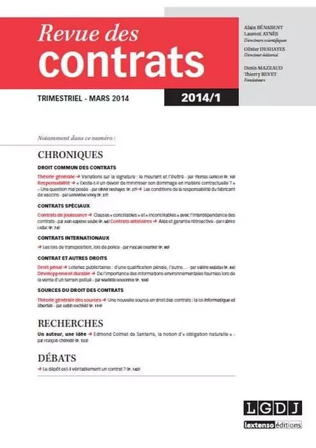 REVUE DES CONTRATS N 1 - 2014 -  Collectif - LGDJ