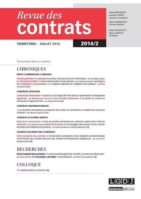 REVUE DES CONTRATS N 2 - 2014 -  Collectif - LGDJ