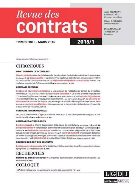 REVUE DES CONTRATS N 1 - 2015 -  Collectif - LGDJ