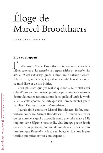 Éloge de Marcel Broodthaers - Yves Depelsenaire - La lettre volée