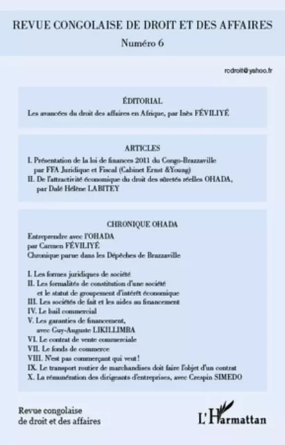 Revue congolaise de droit et des affaires n° 6 -  - Editions L'Harmattan