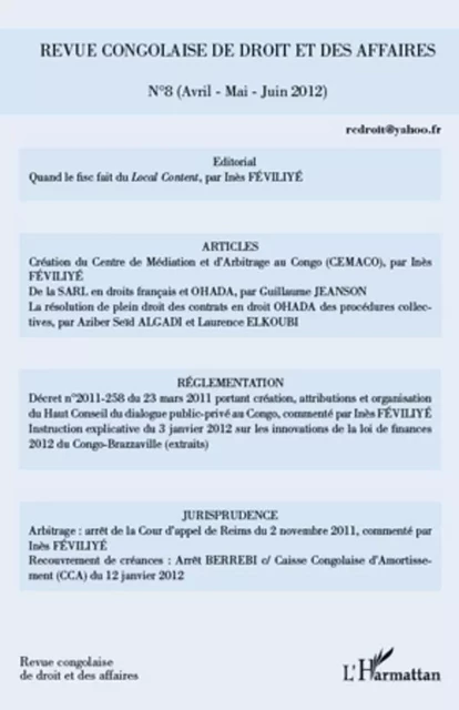 Revue congolaise de droit et des affaires 8 -  - Editions L'Harmattan