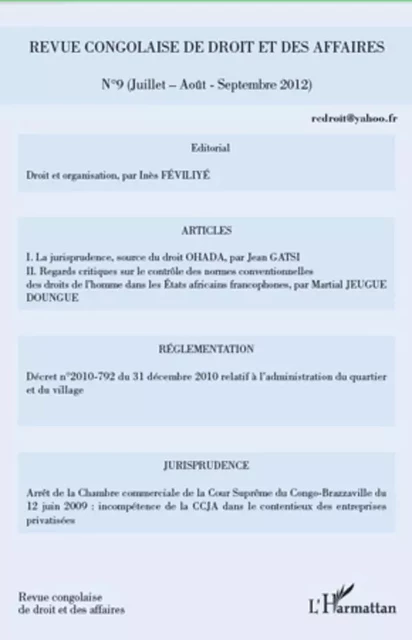 Revue congolaise de droit et des affaires n°9 -  - Editions L'Harmattan