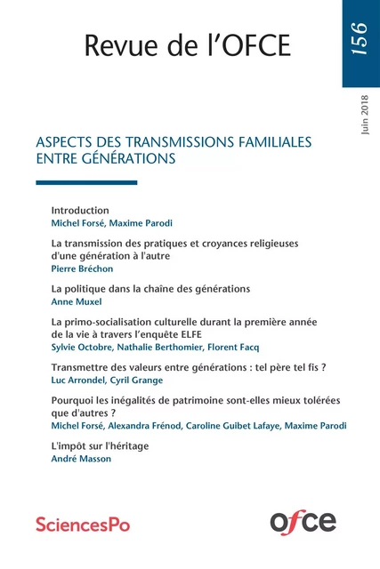 N° 156 : ASPECTS DES TRANSMISSIONS FAMILIALES ENTRE GÉNÉRATIONS -  OFCE - OFCE