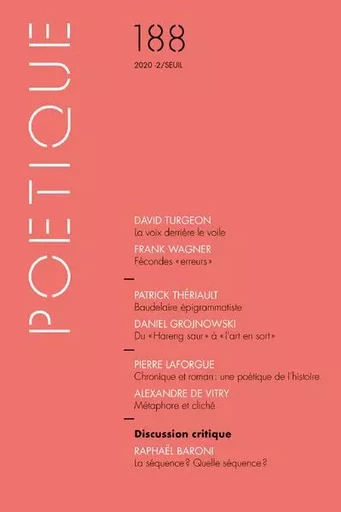 Revue Poétique Poétique, n° 188 -  Collectif dirigé par Michel Charles - LE SEUIL EDITIONS