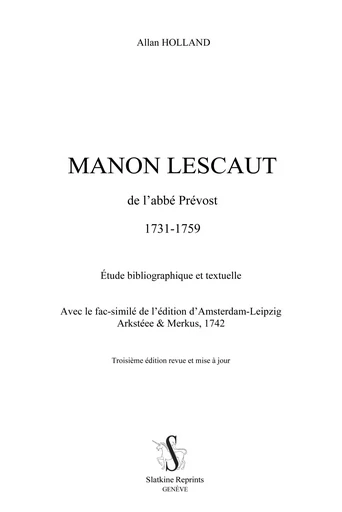 Manon Lescaut de l'abbé Prévost 1731-1759 - Allan Holland - SLATKIN REPRINT