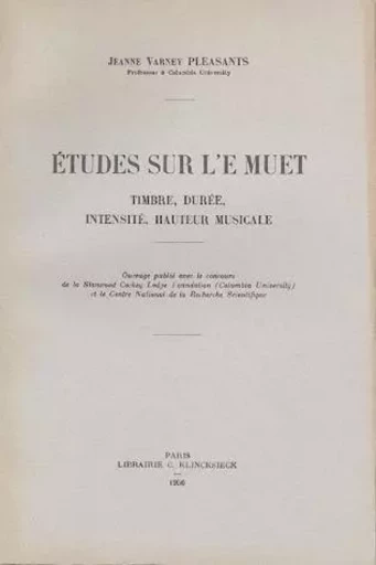 Études sur l'e muet - Jeanne Varney Pleasants - Klincksieck