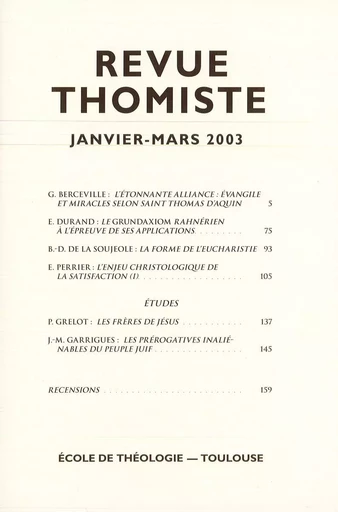 Revue thomiste - N°1/2003 -  - Klincksieck