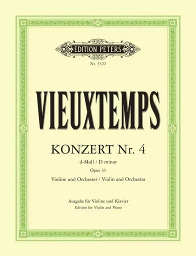 HENRI VIEUXTEMPS : CONCERTO NO.4 IN D MINOR OP.31 - EN RE MINEUR  - VIOLON ET PIANO -  HENRI VIEUXTEMPS - PETERS