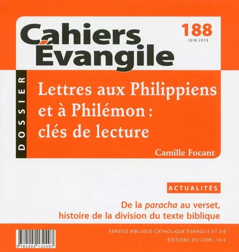 CAHIERS EVANGILE - NUMERO 188 LETTRES AUX PHILIPPIENS ET A PHILEMON : CLES DE LECTURE -  COLLECTIF GRF - CERF