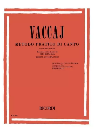 NICOLA VACCAI : METODO PRATICO DI CANTO +CD -  ALTO / BASS VOICE -  NICOLA VACCAI - RICORDI