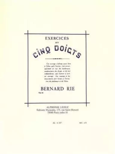 RIE EXERCICES DES 5 DOIGTS OP.32 PIANO BOOK PIANO -  RIE, BERNARD (COMPOS - ALPHONSE LEDUC