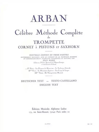 JEAN-BAPTISTE ARBAN : CELEBRE METHODE COMPLETE DE TROMPETTE - VOLUME 1 -  JEAN-BAPTISTE ARBAN - ALPHONSE LEDUC