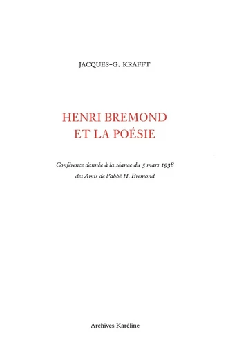 Henri Brémond et la poésie -  - Archives Karéline